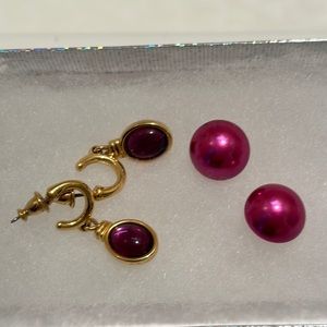 hot pink earrings. button and dangle